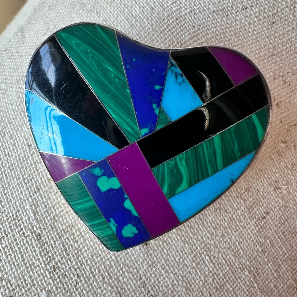 Vintage! Sterling Silver and Inlaid Stone Heart Pin Brooch